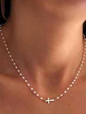 Sterling Silver Pearl Beaded Cross Necklace - White